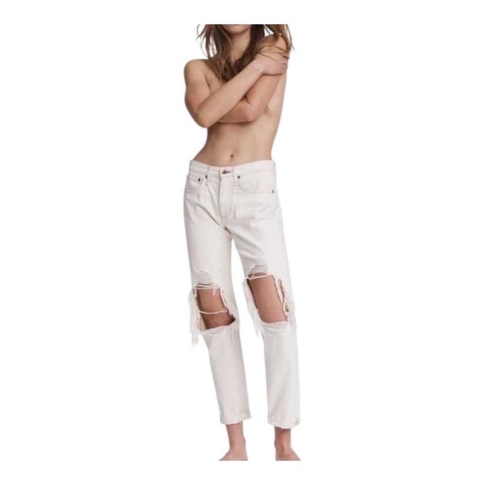 rag & bone Rosa Mid Rise Boyfriend Jean Winter White 26 Distressed 100% Cotton